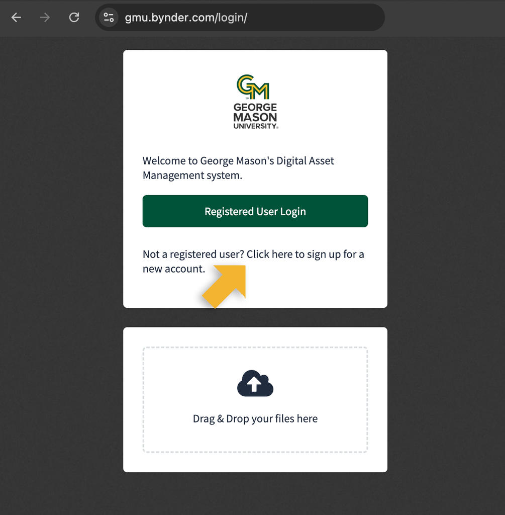 Screen shot showing how to register for access to George Mason's DAM